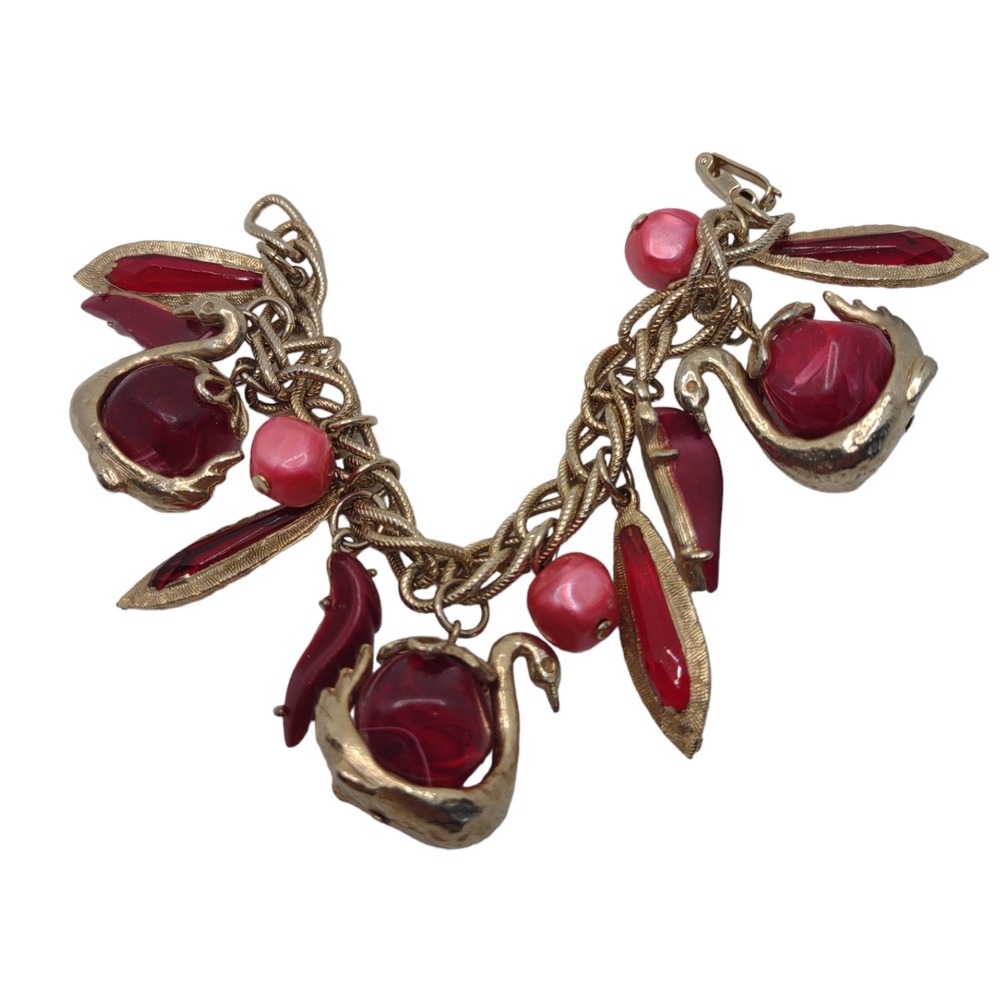 Vintage Red & Gold Tone Statement Swanâ Plastic Charm Bracelet